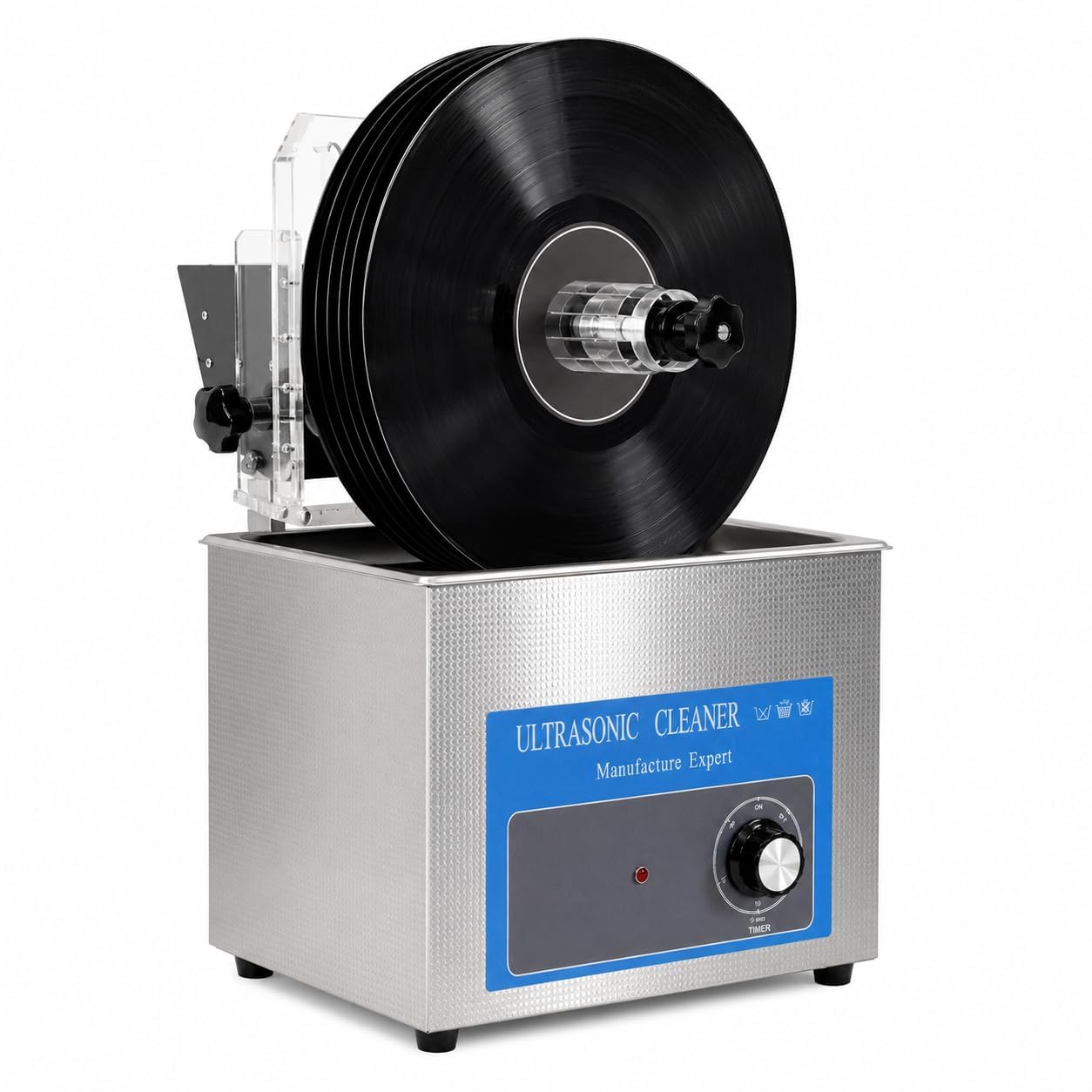 Máquina limpiadora ultrasónica de discos de vinilo, capacidad de 6 discos con temporizador de 0 a 20 minutos, cesta elevable y estante de secado