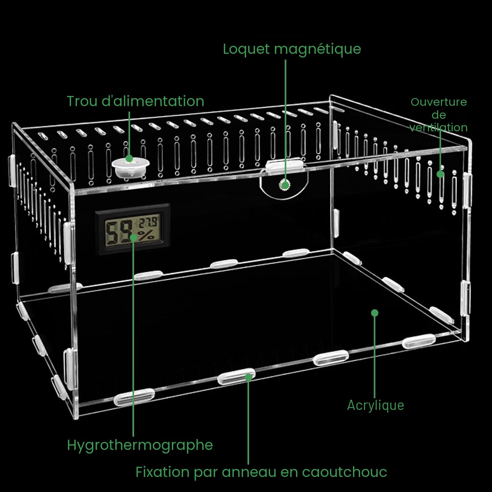 Terrarium en acrylique pour escargots 30 cm * 20 cm * 15 cm, boîte d'alimentation en acrylique pour reptiles, boîte à nourriture transparente pour reptiles, récipient portable pour terrarium d'animaux