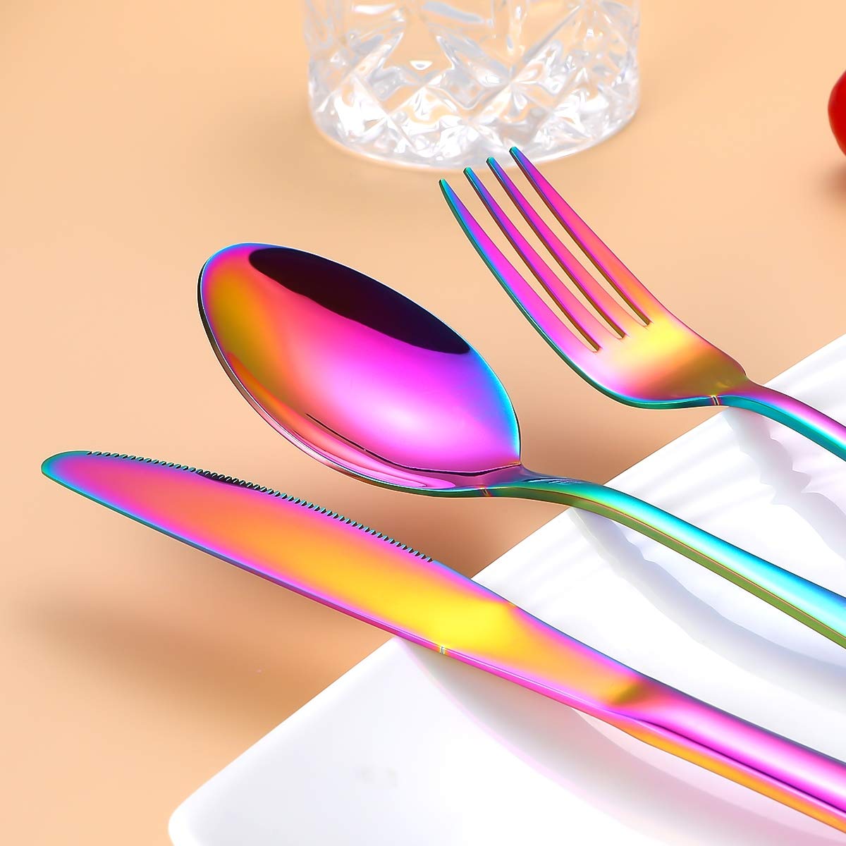 Utensilios de viaje, juego de cubiertos reutilizables para llevar, portátil con una funda de transporte impermeable para loncheras, lugar de trabajo, camping, escuela, picnic (caja de flores/arcoíris)