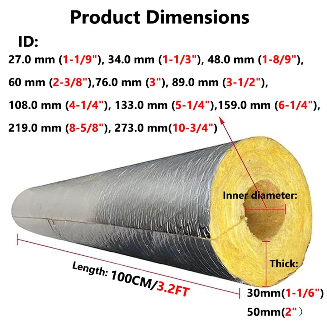 Aislamiento De Tuberías De Estufa, Tubo De Lana De Roca Con Aluminio, Aislamiento Térmico, Prevención De Incendios, Coquilla Aislante De Lana De Fibra De Vidrio(ID114.0mmxT50.0mmxL1.0m)