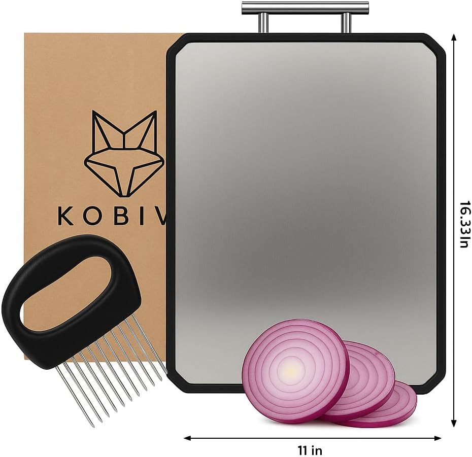 304 Stainless Steel Cutting Board with Onion Holder Set | Non-Toxic Dishwasher Safe Metal Cutting Board for Kitchen | Scratch Resistant Double-Sided Steel Board + Stainless Steel Onion Holder