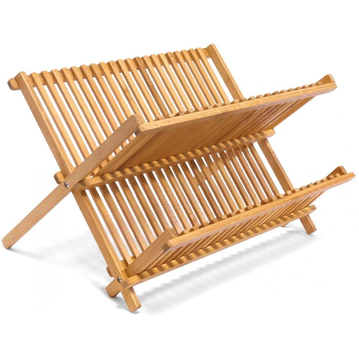 Hogar y Mas Escurridor Platos Plegable de Bambú 2 Niveles, Escurridor Fregadero para Vasos de Madera 42x24,5x33 cm