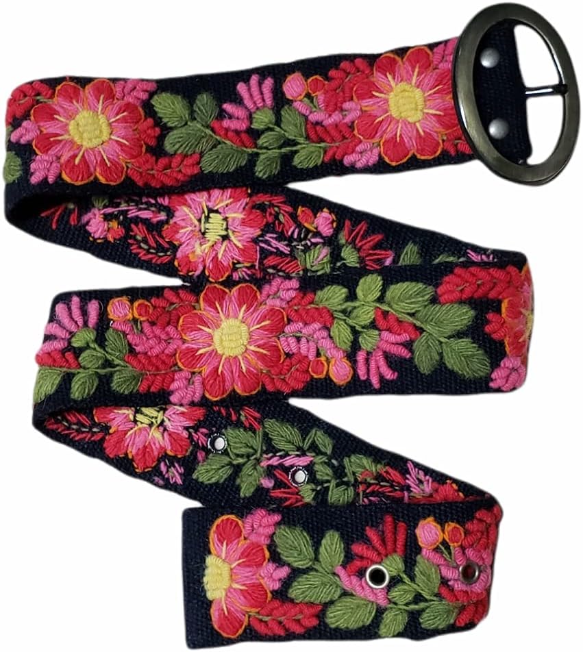 Black belt with red flowers, handmade embroidered with natural wool in Peru, artistic floral, woman gift, XS, S, M, L, XL