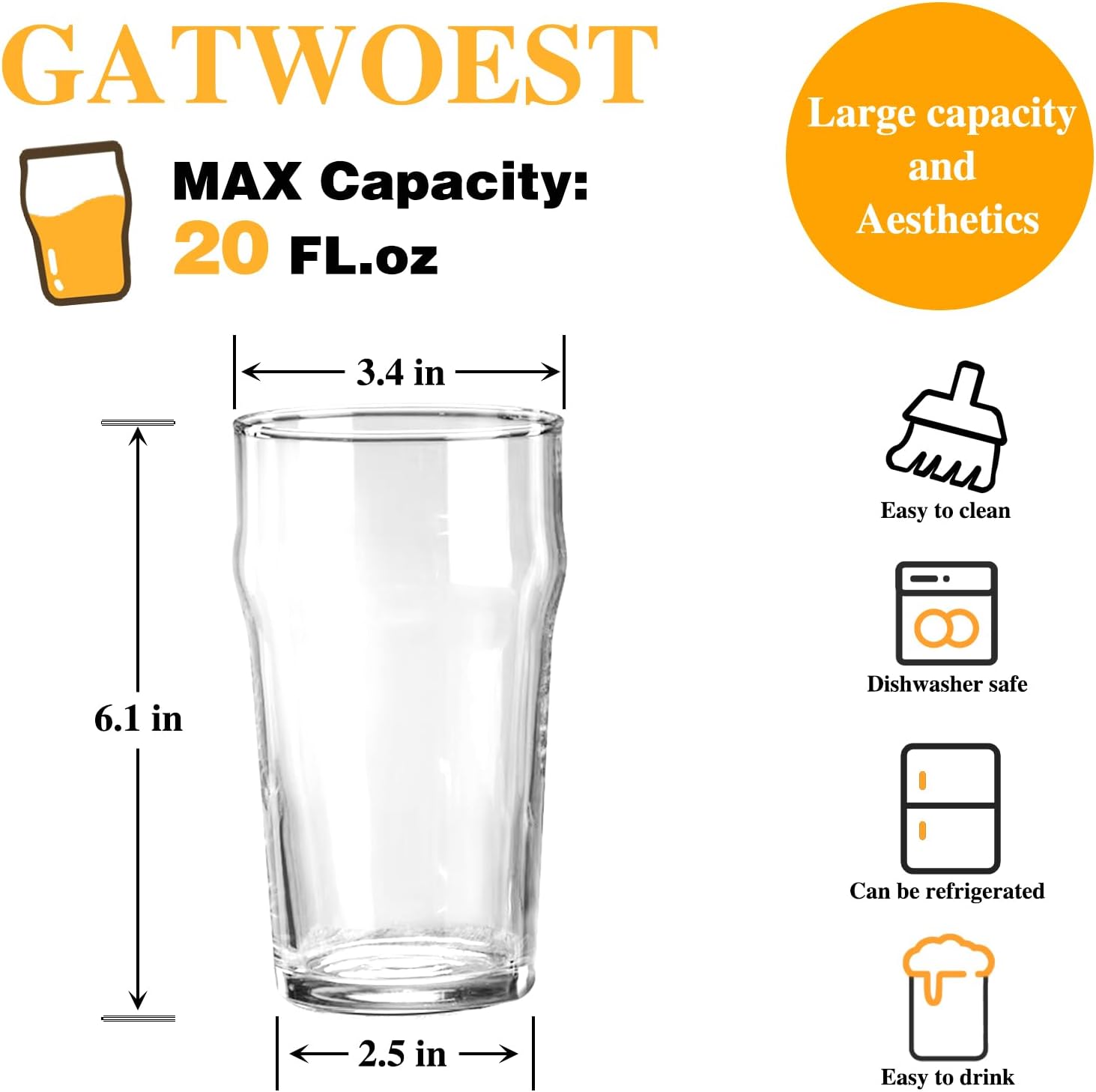 20 oz Beer Glasses Set of 6- Easy to Stack & Lead-Free Classic British Pint Glasses Large Pub Craft Beer Glass for IPA, Pilsner,Clear Tall Glass Cups Great Beer Gifts for Men-Dishwasher Safe - Image 2