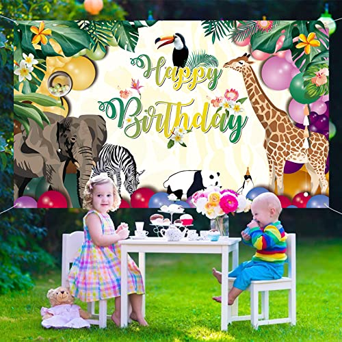 Image of Happy Birthday Banner for Jungle Safari Theme Party Decorations, Fabric Animal Zoo Backdrop Tropical Forest Poster for Boys Girls Wall Supplies, 185*110cm