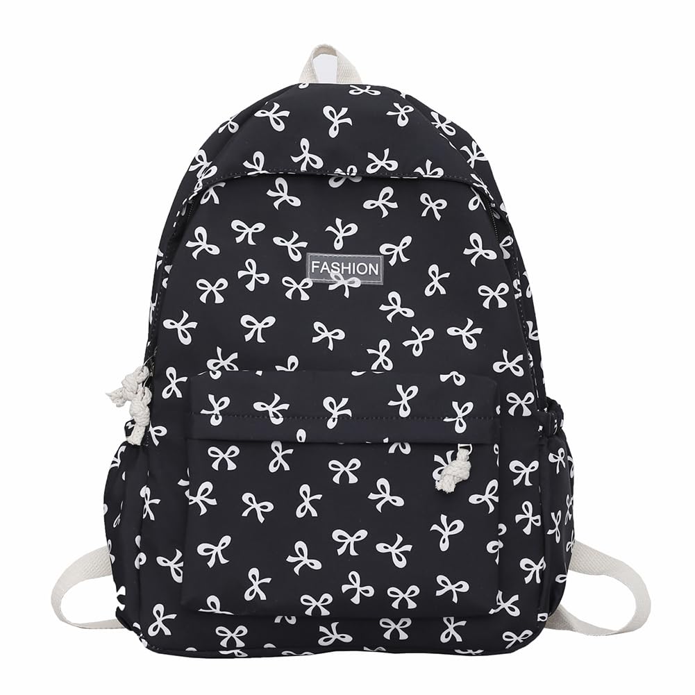 AVZYARDY Nylon Student Backpack Printed for Girls Women Bookbag Adjustable Strap Daypack Cute Knapsack Rucksack (Black)