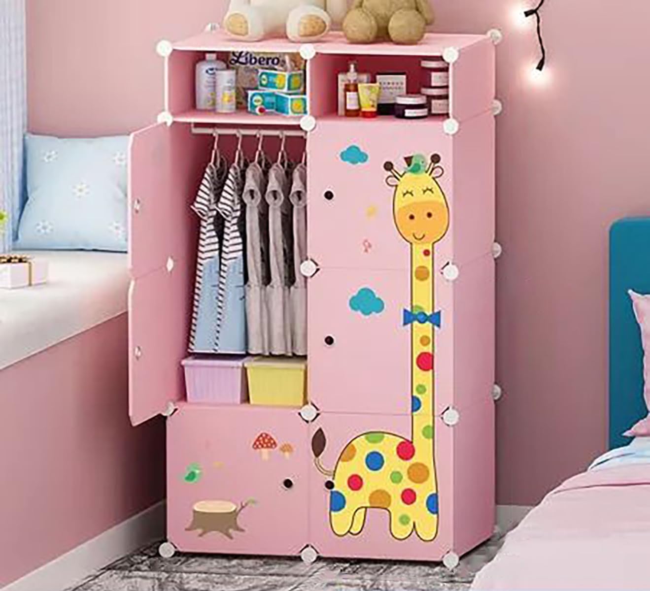 Sunderlook Plastic Wardrobe for Kids Clothes – Collapsible Wardrobe, Easy to Use Anti-Skid & Non-Slip Effective Professional Foldable Plastic Cupboard for Kids, Home (Pink-R4, 8 Door)