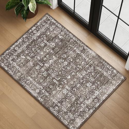 4x6 Washable Area Rug for Entryway Indoor, Neutral Boho Small Rugs for Living Room, Girls Nursery, Laundry Room, Non Slip Low Pile Retro Ultra Soft Faux Wool Carpet, Dark Brown