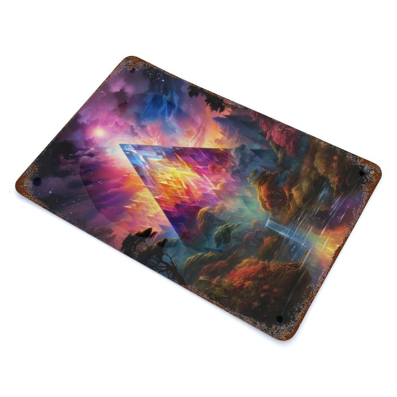 Psychedelic Color Pyramid Aged Metal Wall Plaque 11.8"x7.9", Farmhouse Wall Decor for Office, Studio And Wall Decor