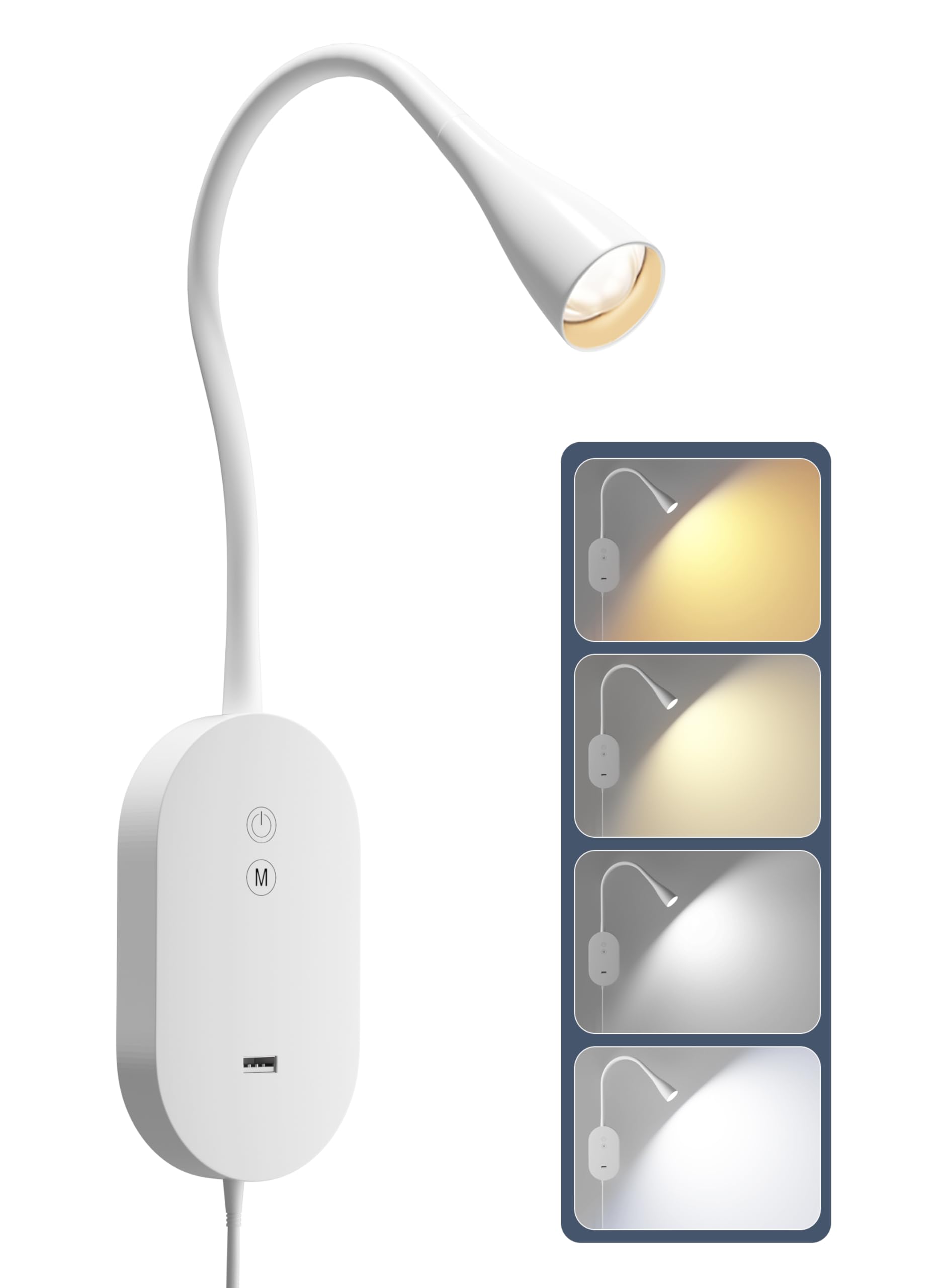 TOPMB Wall Reading Light for Bed 3000K Cozy Book Light with USB Output, 5 Dimmable Touch Control, 4-Hour Auto Off