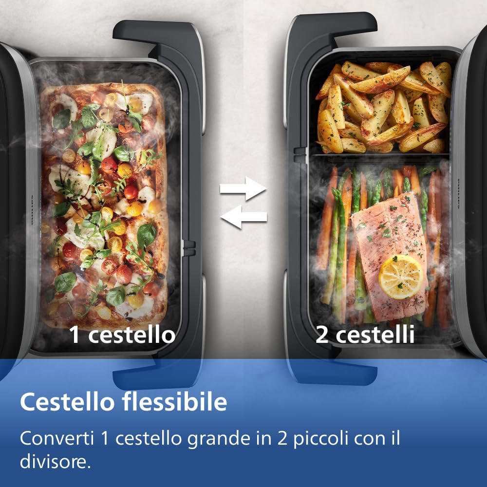 Philips Airfryer Serie 5000 con Maxi Capacità e Funzione Vapore – SteamFry, Vapore e Frittura ad Aria – 28 Programmi di Cottura, Doppio Scomparto 3L+6L, RapidAir Plus, SteamClean (NA565/00)