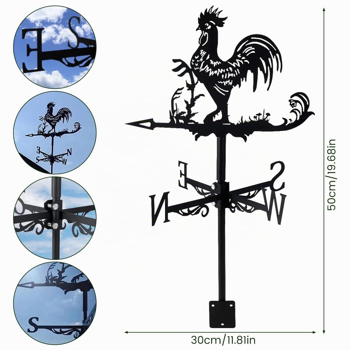 Jetcloud Girouette rétro en acier inoxydable avec coq pour jardin, poulet, piquet de ferme, indicateur de direction du vent pour abris de jardin, toit, cabane, cour, décoration de jardin
