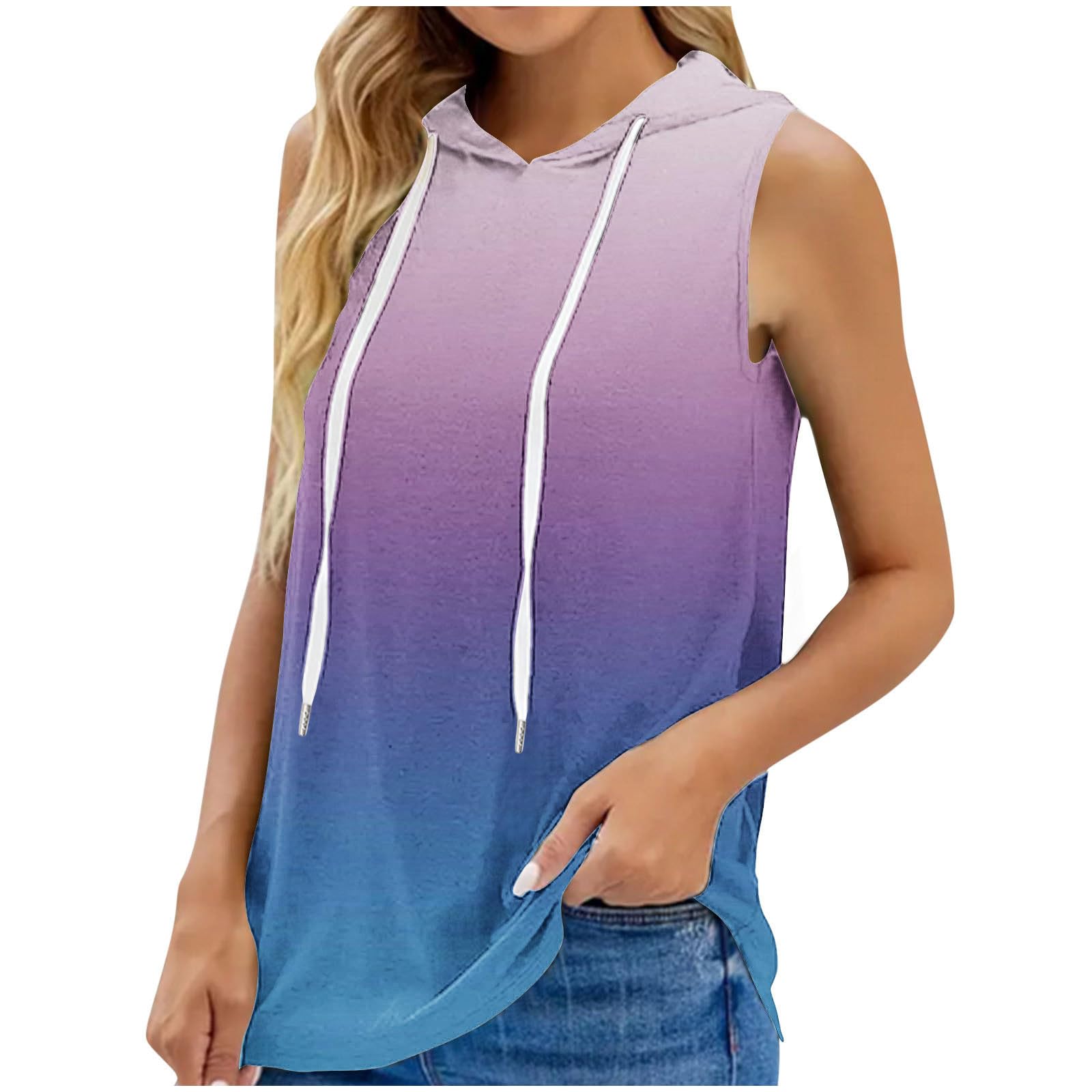 Ruziyoog Sleeveless Hoodies for Women Gradient Tank Top Summer Loose Casual Pullover Drawstring Workout Tee Shirts