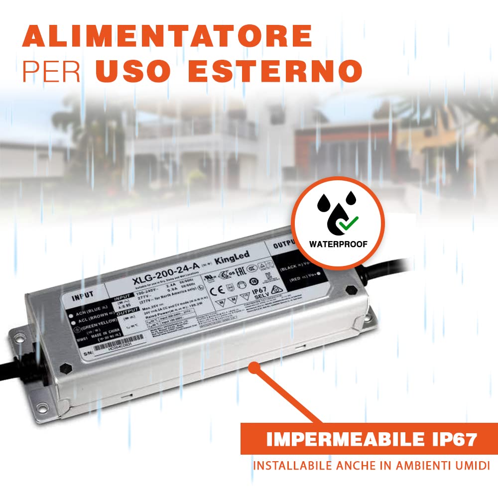 KingLed - Alimentatore 24V Impermeabile IP67 200W 8.3A Modello MeanWell XLG-200-24 Trasformatore 24V da Esterno Driver per Led da 230V a DC 24V