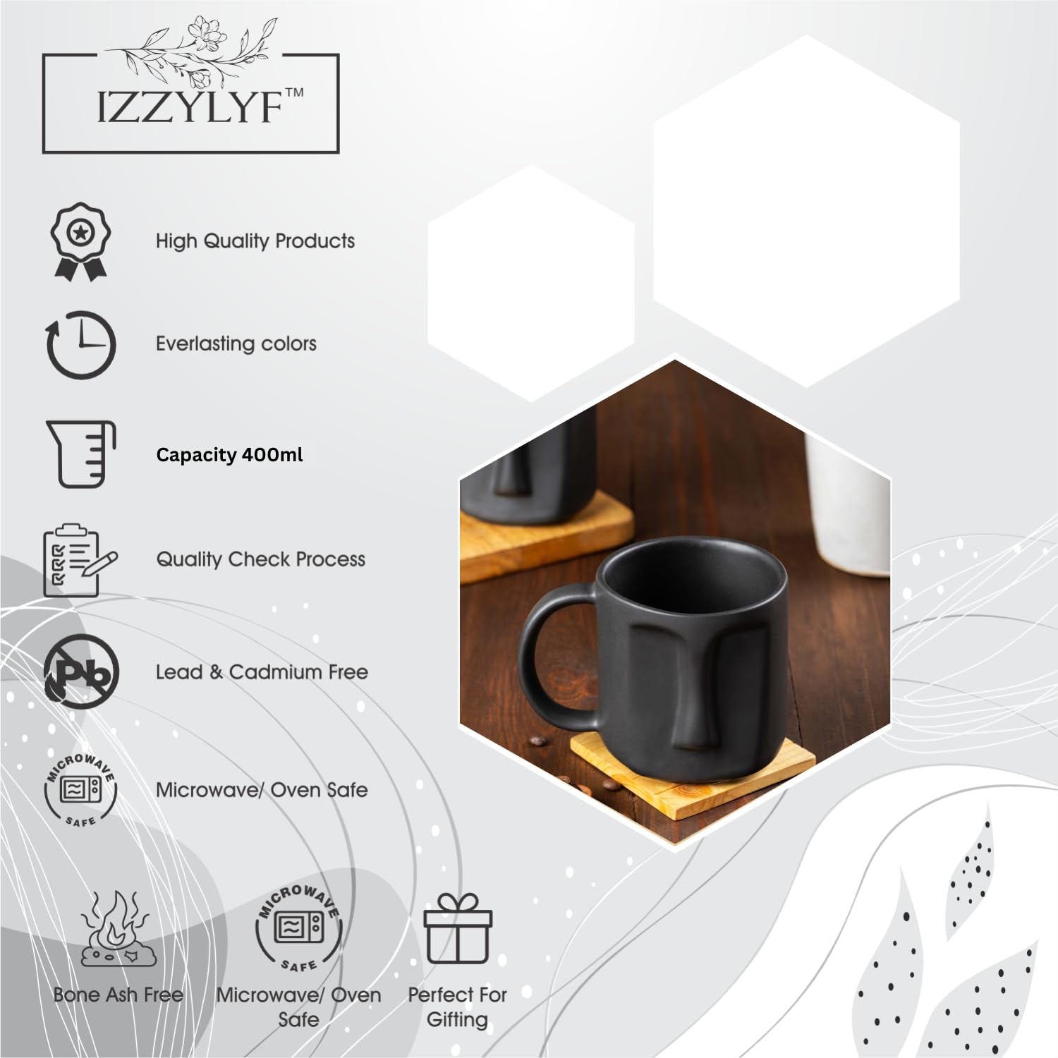 IZZYLYF 'Black Face Design' Ceramic Coffee Mugs Set of 2 (400 ml Each) | Microwave & Dishwasher Safe Coffee Mugs with Handle for Tea, Coffee & Latte | Coffee Mugs for Gifting, Home, Cafe & Office Use 4