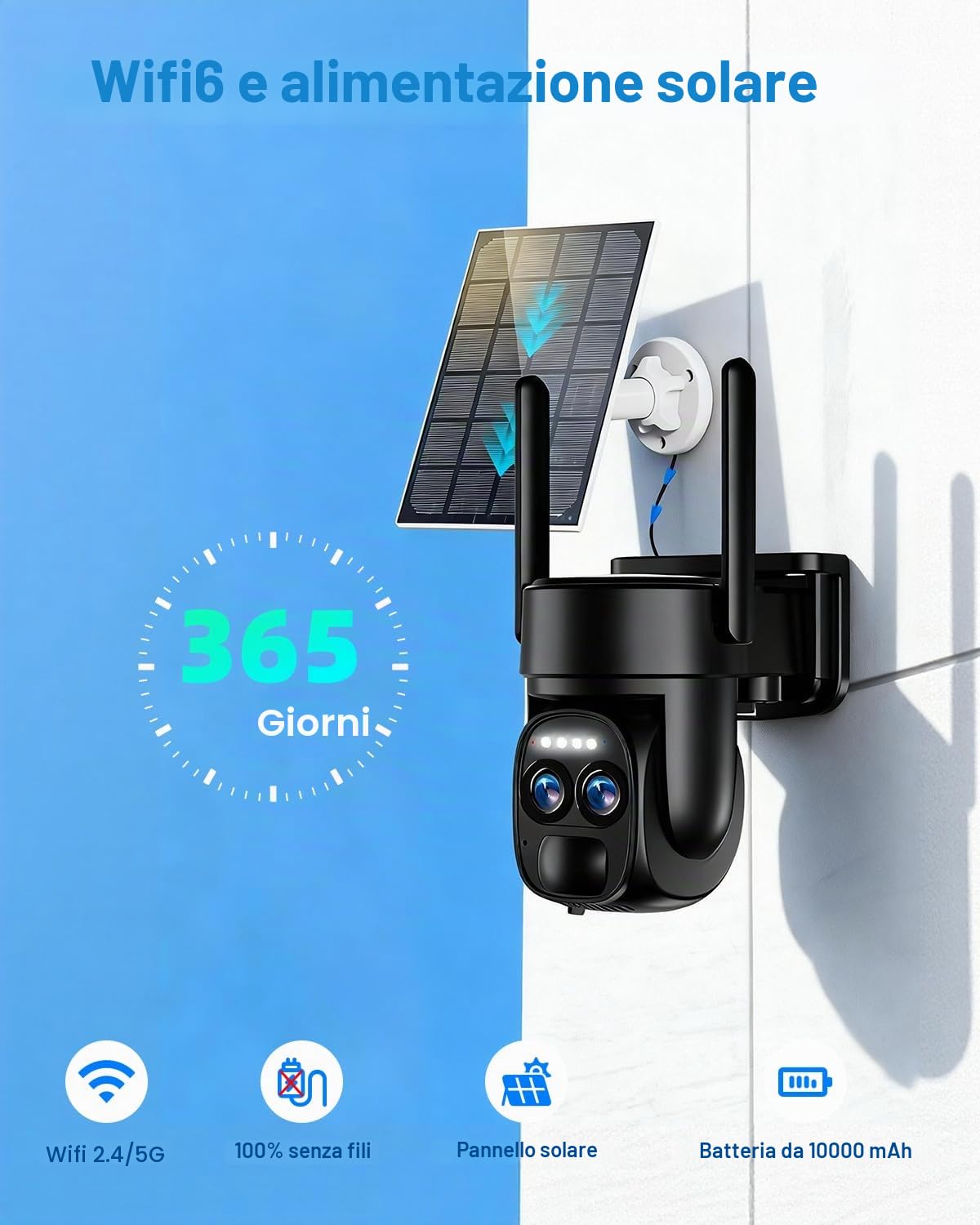 Abiso 4K - Telecamera di sorveglianza WiFi esterna senza fili, batteria a pannello solare, 360° PTZ, camera esterna/interna, 2,4 G/5 GHz, doppia lente, visione notturna, colore: audio bidirezionale