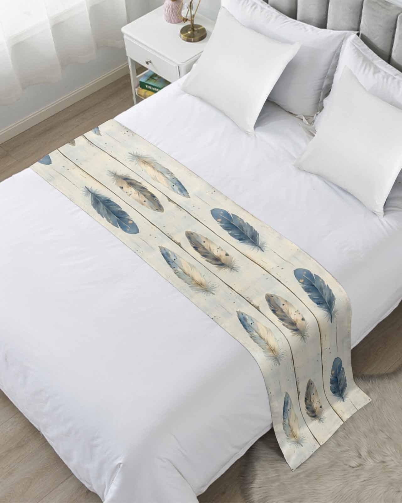 Blue Beige Feathers Bed Runner for Full/Queen Size, Vintage Native Ombre Wood Grain Bedspread Protector Slipcover Bed Scarf for Foot Runners & Scarves for Bedroom Hotel Wedding Room 83x20 Inches