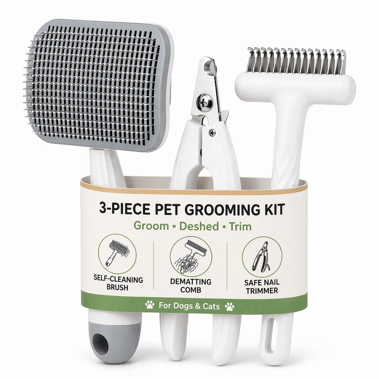 3-Piece Dogs & Cats brush for shedding - Self Cleaning Slicker Brush, Dematting Comb & Nail Clipper - Professional 3-in-1 Grooming Set for Shedding, Mats & Tangles - Easy At-Home Pet Care Tools