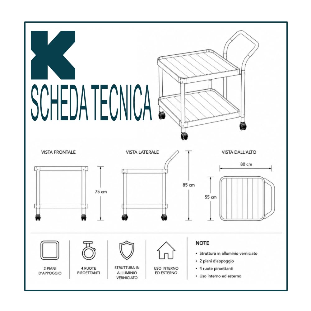 Carrello Porta Bianco Bevande Aliseo con Ruote, Struttura in Alluminio Verniciato a Polvere, Viteria in Acciaio Inossidabile, Design Moderno per Esterno e Interno