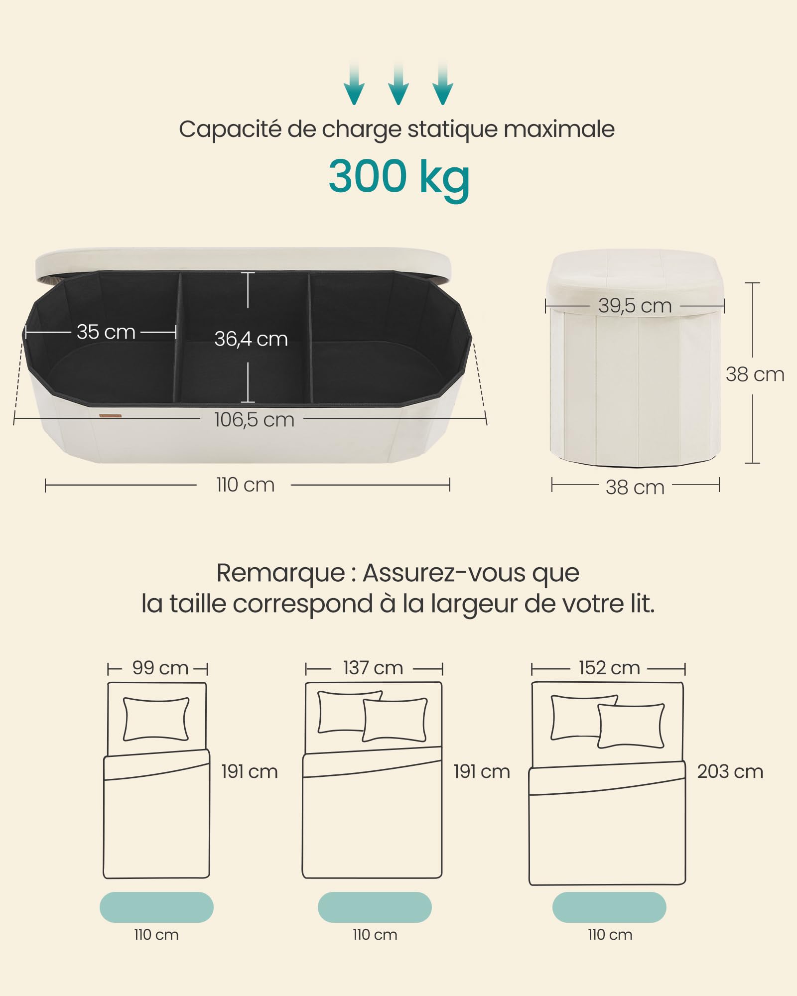 SONGMICS Banc de Rangement, Coffre, Repose-Pieds Pliable, Montage Facile, pour Salon, Entrée, Chambre, Tissu Velours, Capacité 110 L, 38 x 110 x 38 cm, Blanc Crème LSF297LH01