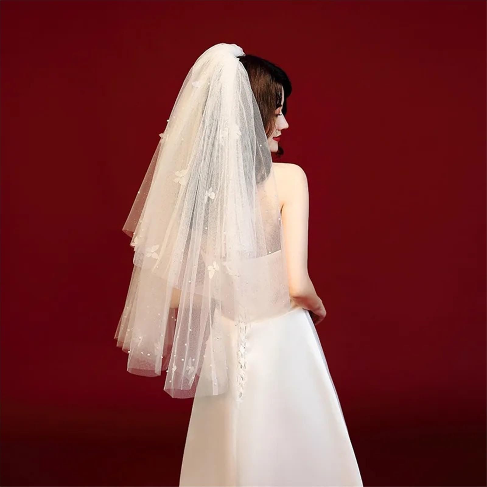 Genérico Velo de novia, tocado de novia con cuentas y lazo, accesorios de, gasa corta
