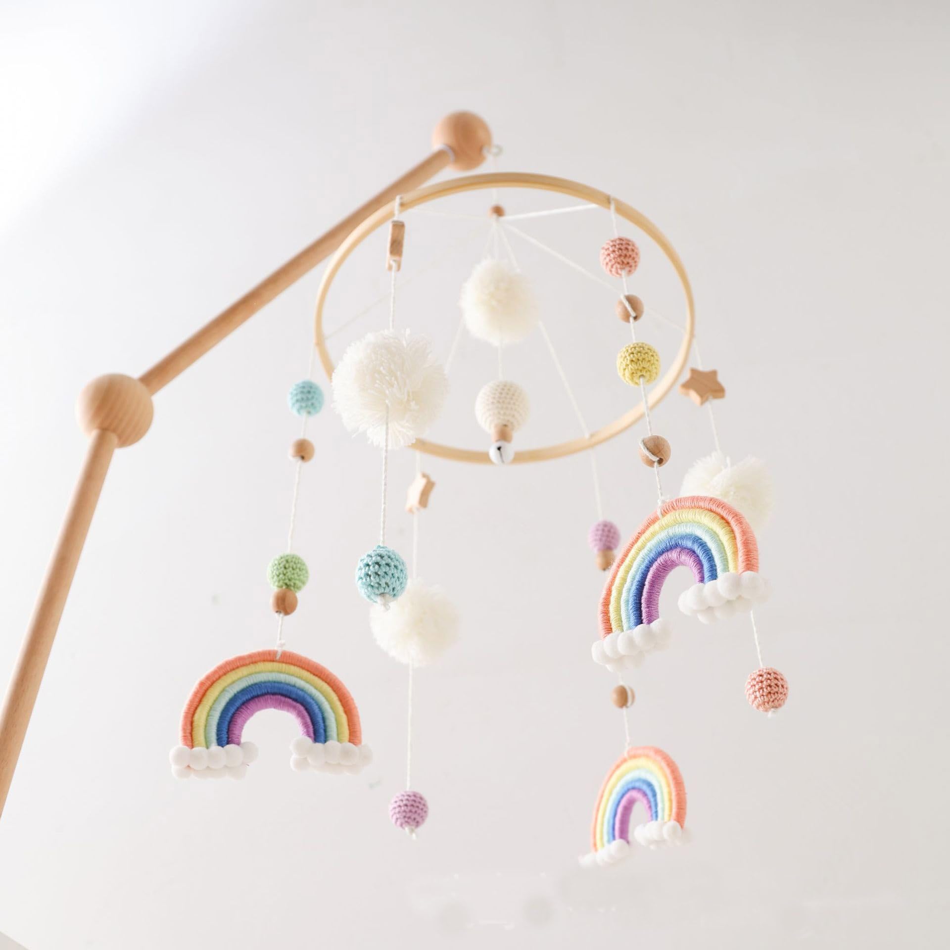 Baby Mobile para cuna, arco iris, estrella, móviles de cuna de pompones,cuna móvil para bebé,carillón de viento para bebé móvil de madera, regalo para bebés o niños