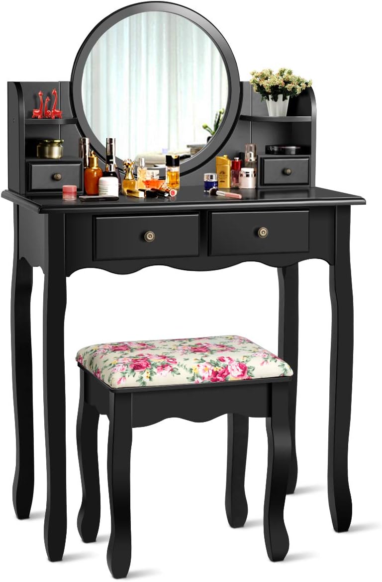 CHARMAID Vanity Set with 4 Storage Shelves and 4 Drawers, Makeup Table with 360° Pivoted Round Mirror and Makeup Organizers, Dressing Table with Mirror and Cushioned Stool for Women Girls (Black)