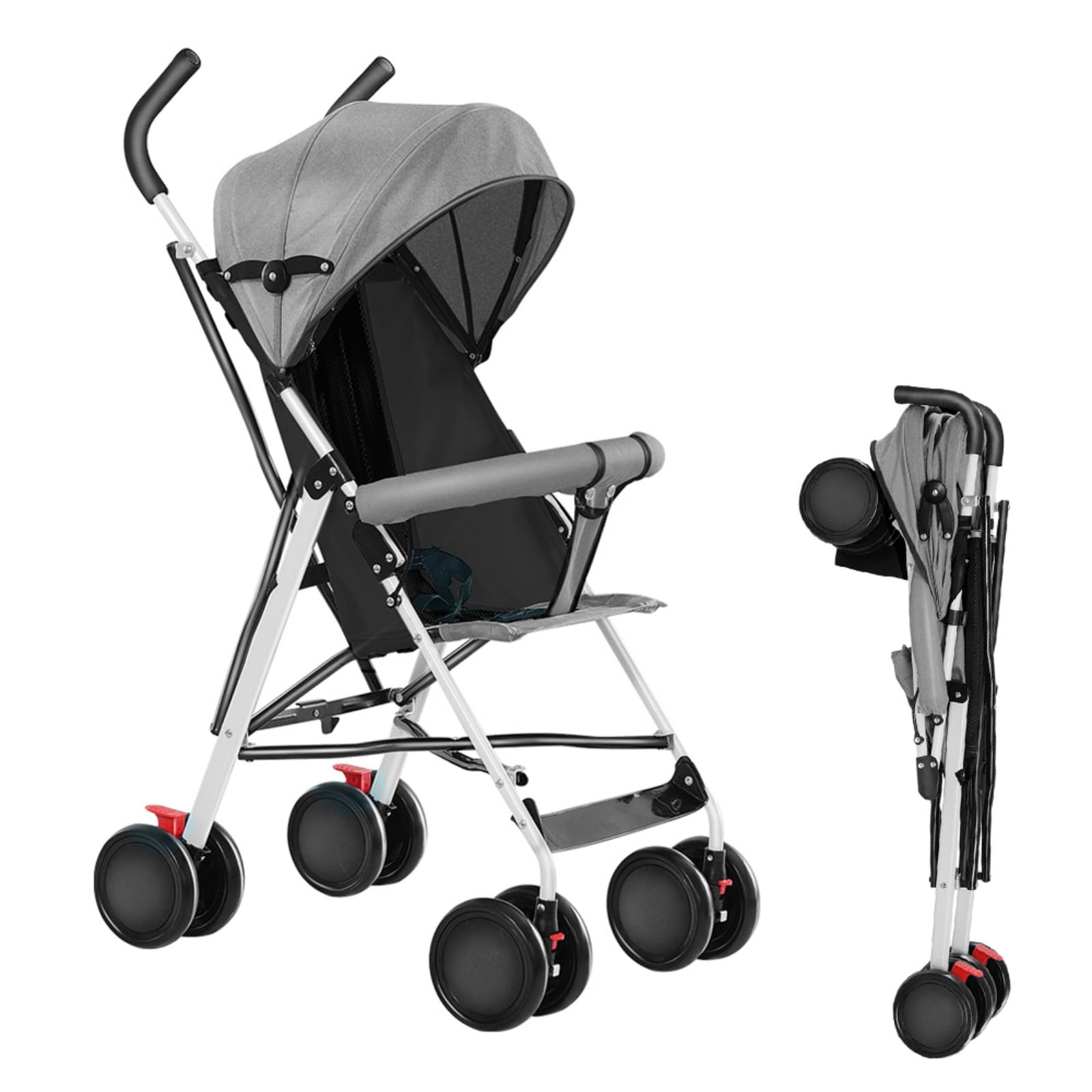 Cochecito plegable para 0-4 años, parasol ajustable, ruedas antigolpes, capacidad 60 kg, cochecito portátil para bebé, con algodón y mosquitero (gris)