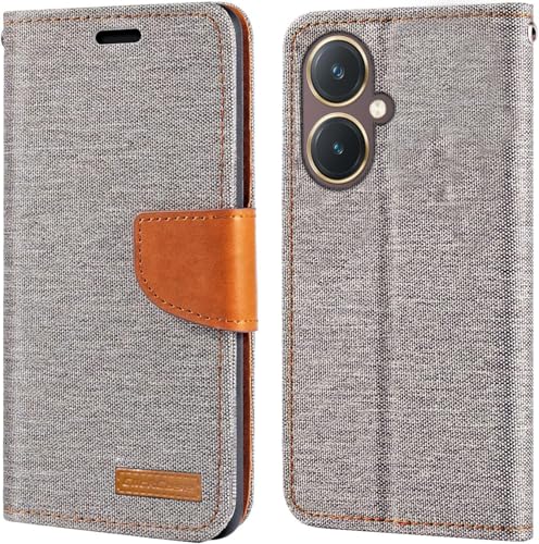 Image of ClickCase Canvas Series for vivo Y27 Cloth & Pu Leather Wallet Flip Case Kick Stand Magnetic Closure Flip Cover for vivo Y27 (Grey)
