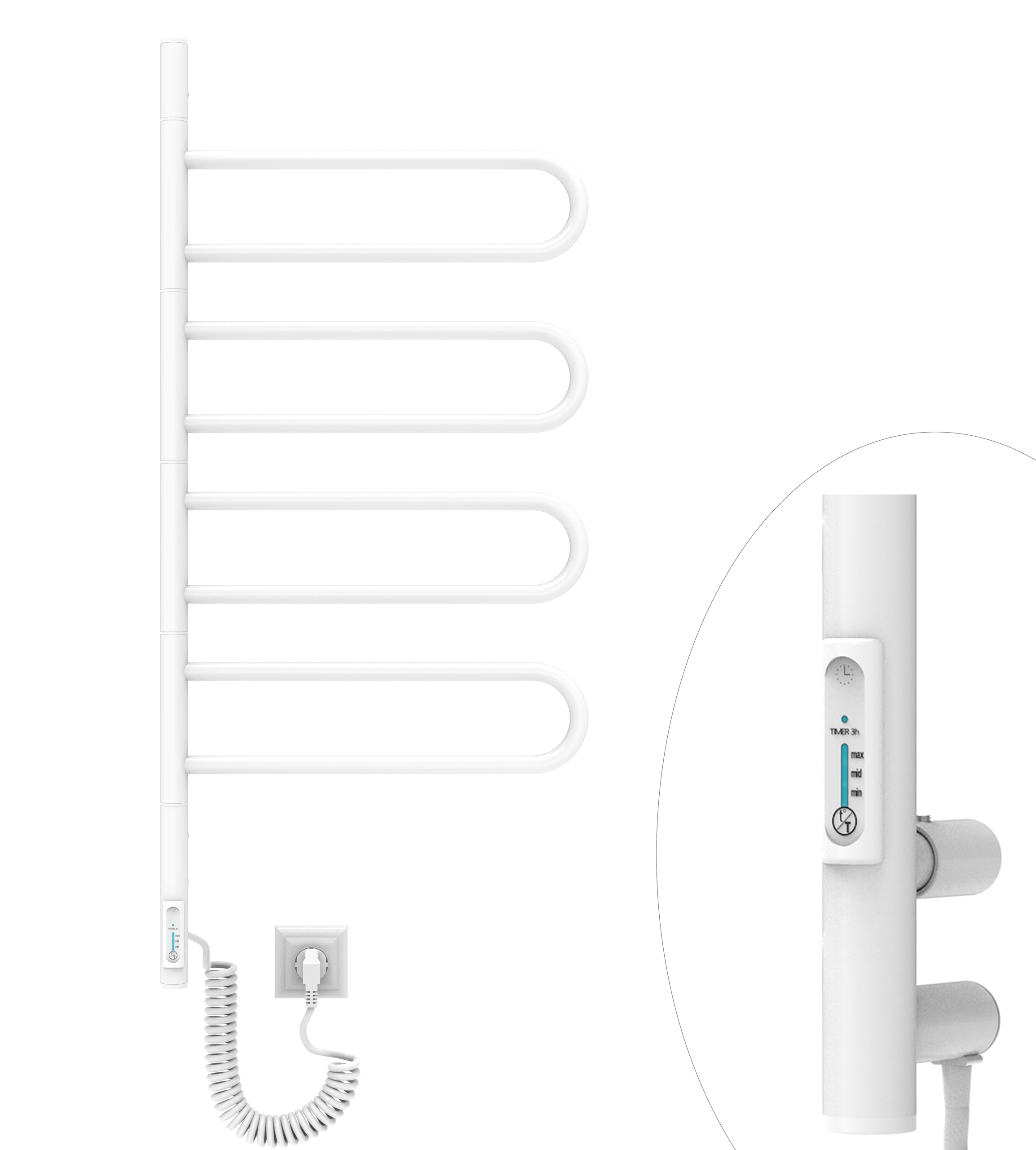 Elna grzejnik na ręczniki, biały, 125 W, 102 x 46 cm, grzejnik elektryczny z timerem i termostatem, 4 ramiona obrotowe, IP44, ogrzewanie łazienkowe, montaż ścienny