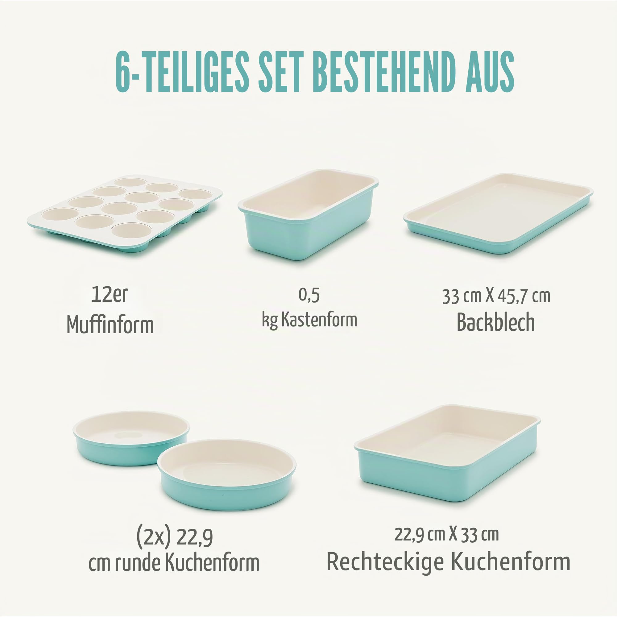 GreenLife 6-teiliges Antihaft-Backformen-Set, ungiftig, PFAS-freie Keramik, Ofenpfannen, spülmaschinen- und ofenfest bis 230 °C, leicht zu lösen, Backblech, Kastenform, rechteckiger und runder Kuchen