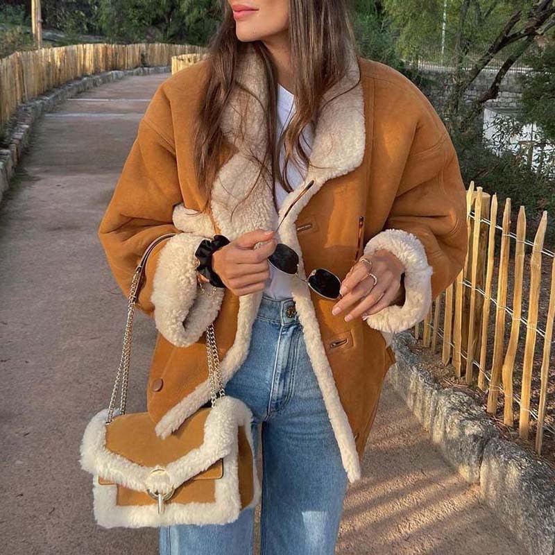 FUNSEED Winter Coat Warm Thick for Women, Fashionable Retro Casual Oversized Warm Fleece Jacket with Pockets