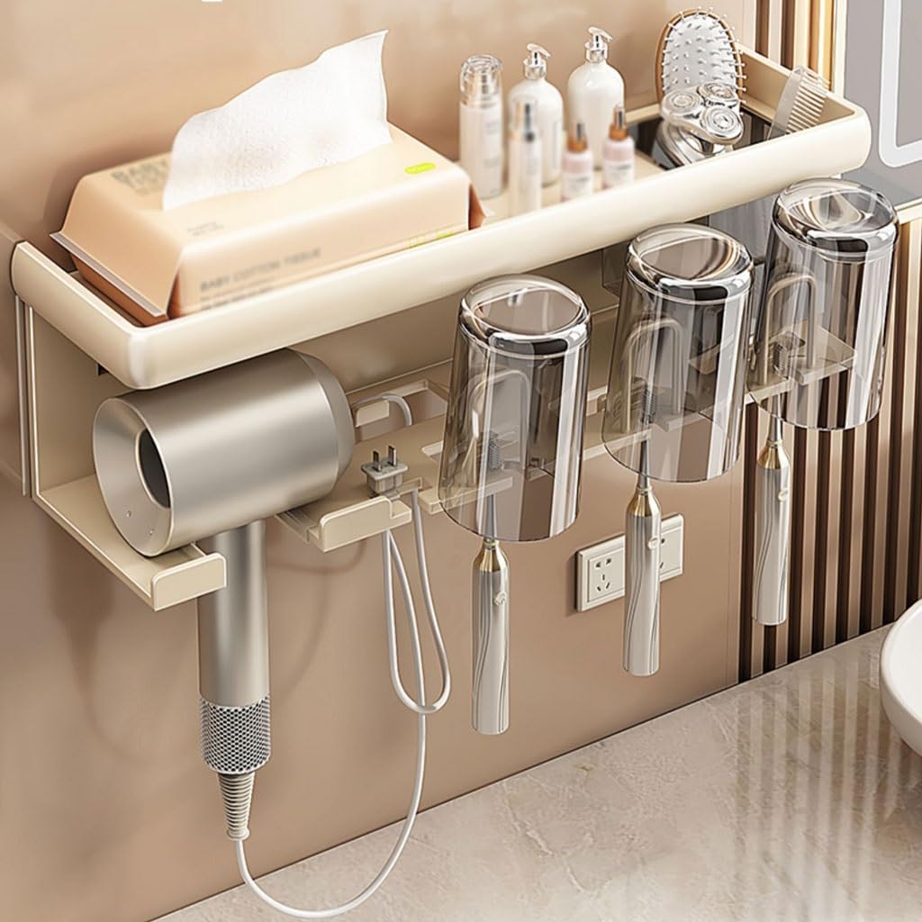 Estante para Cepillos de Dientes Portaspazzolino Bianco Crema Scatola portaoggetti for dentifricio a Parete Decorazione for Bagno Senza punzonatura può Contenere asciugacapelli(L36.3cm)