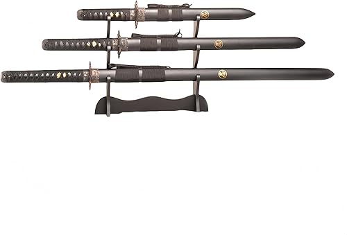 Sword Valley Auténtica espada Ninja Samurai de 3 piezas con soporte de exhibición de 3 niveles, vainas grabadas Shinobi, cuchillas de acero