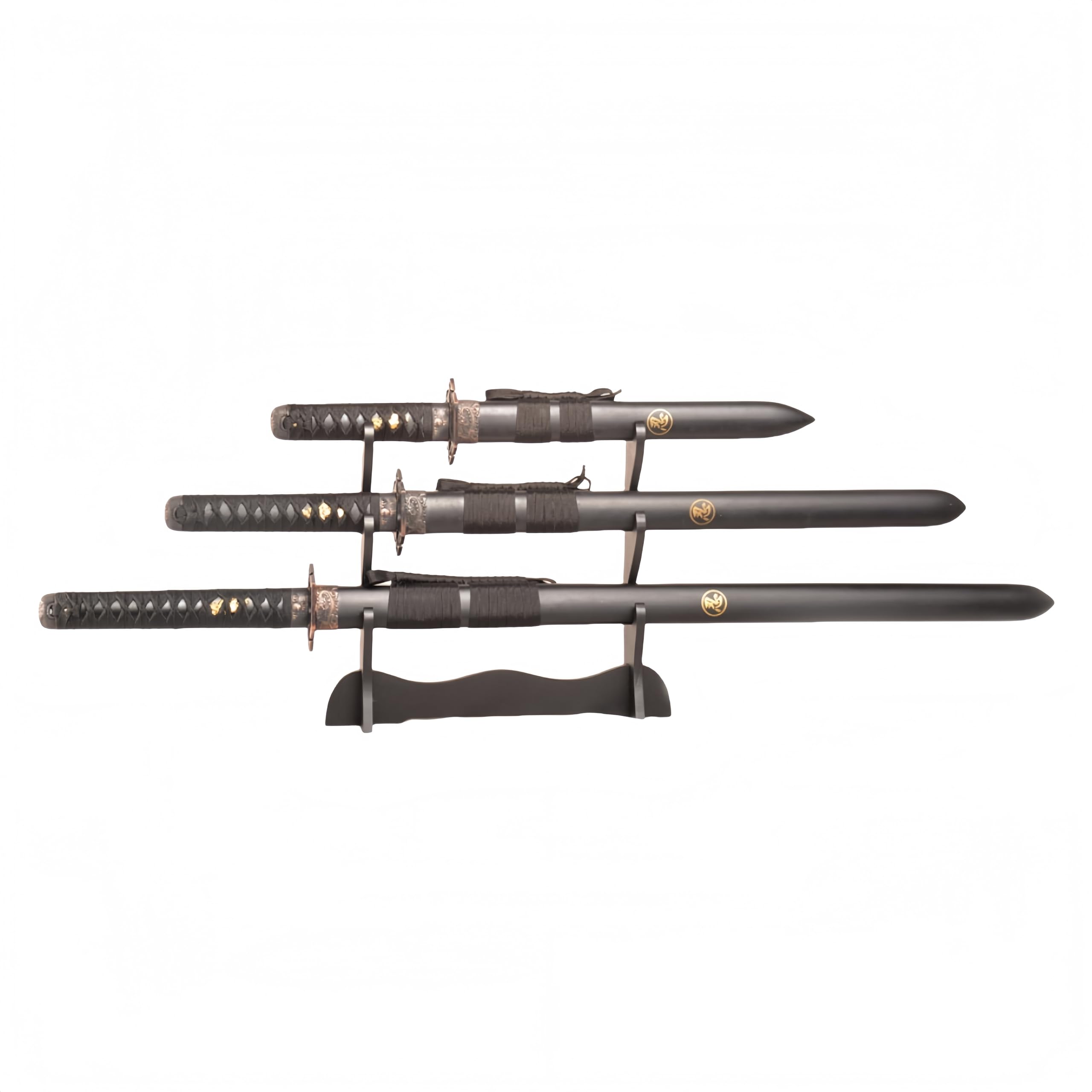 Sword Valley Authentic Ninja Samurai Sword 3-Piece Set with 3-Tier Display Stand – Shinobi Engraved Scabbards, Stainless Steel Blades, Waxed Cotton Handle (38.9"+30.5"+21.1")