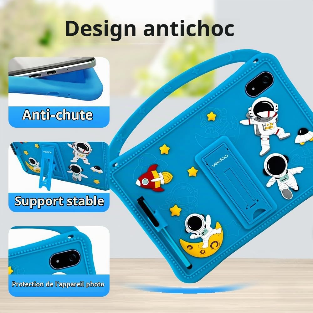 Veidoo Tablette Enfant 10,1" Android 15, 11 Go RAM (3 Go + 8 Go Ext.), 64 Go ROM, WiFi 6, Contrôle Parental, Stylet, Reconnaissance Faciale, Coque Anti-Choc, Jeux Éducatifs (Bleu)