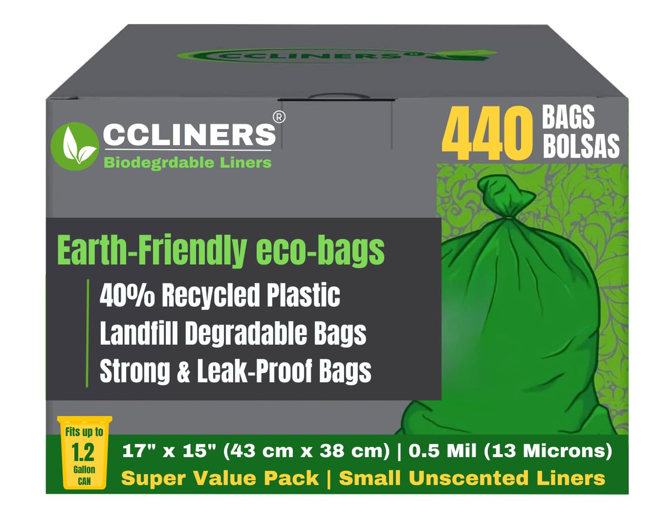 1.2 Gallon Biodegradable Small Trash Bags (440 ct.) 5 Liter Eco-Friendly Green Mini 1 Gallon Garbage Bags Made with EPI Can Liner for Home Kitchen