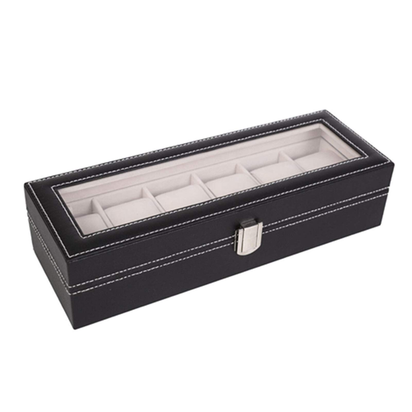 Uhrenbox, Schwarze Uhrenaufbewahrungsbox aus PU-Leder, Organizer-Box mit Glasdeckel, Uhrenbox mit 6 Fächern, Vitrine, Schmuckaufbewahrung, Uhren-Organizer zur Aufbewahrung und Präsentation