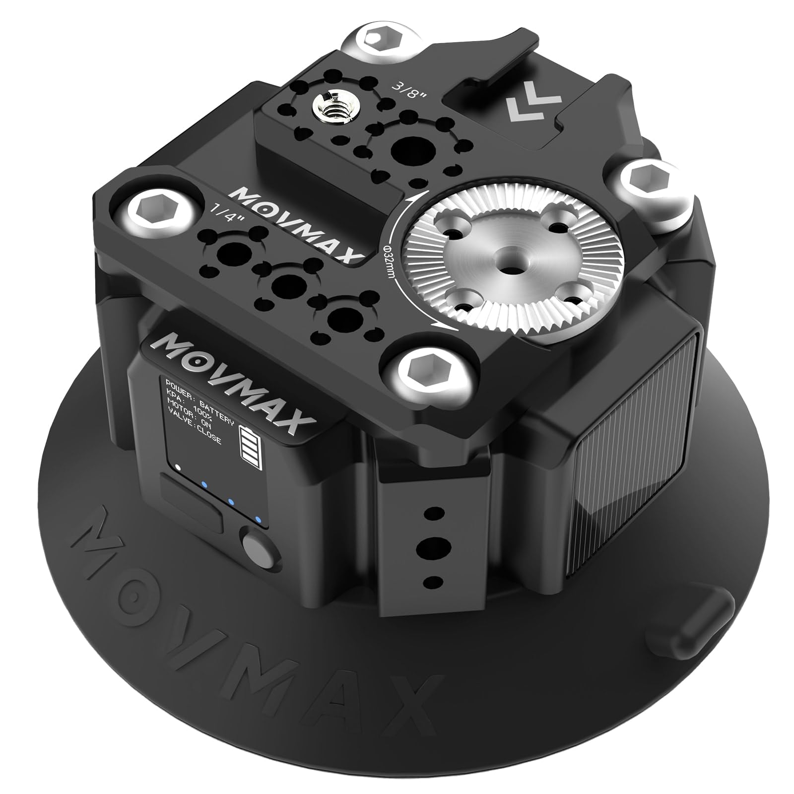 MOVMAX Solar Electronic Suction Cup Camera Mount, 4.5" Metal Suction Mount with 1/4" & 3/8" Mounting Holes for ARRI, Auto Pressure Detection & LCD Display, Compatible with Action Camera, DSLR Camera