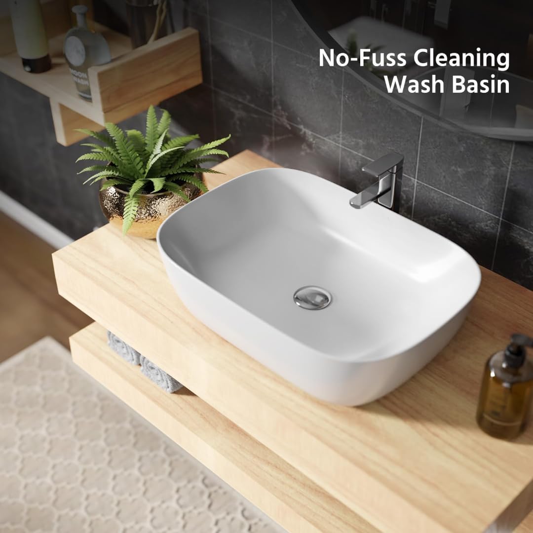 SEA SHORE Ceramic Countertop White Wash Basin | Designer Table Top Bathroom Basin Sink Over Counter for Bathroom, Hotel, Home Living Room 33 x 46 x 16 cm (Plain White) 3