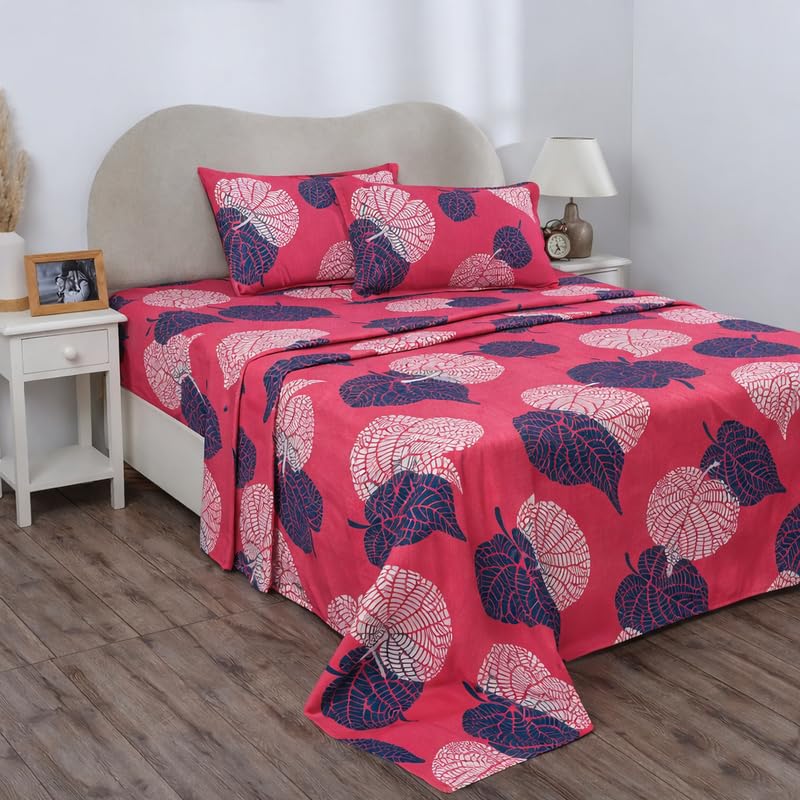 Image of BSB HOME Double Bedsheet 144 TC Microfiber with 2 Pillow Covers | Smooth, Lightweight & Quick-Dry Bed Sheet Set | Comfortable Bedding for Home, Guest Room & Daily Use - Crimson Botanical