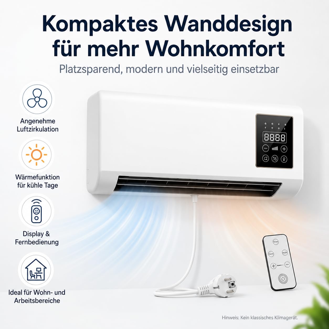 Klimaanlage, Wandmontierter Kühlventilator mit Fernbedienung, Mini Klimaanlage für Zuhause, Platzsparendes Design mit Kühl- und Heizfunktion für Schlafzimmer, Wohnzimmer und Büro