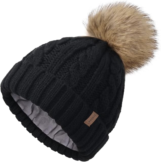 FURTALK Winter Hat Women Fleece Lined Beanie Hat Detachable Pom Pom Hat Warm Bobble Hat Double Layer Thermal Hat