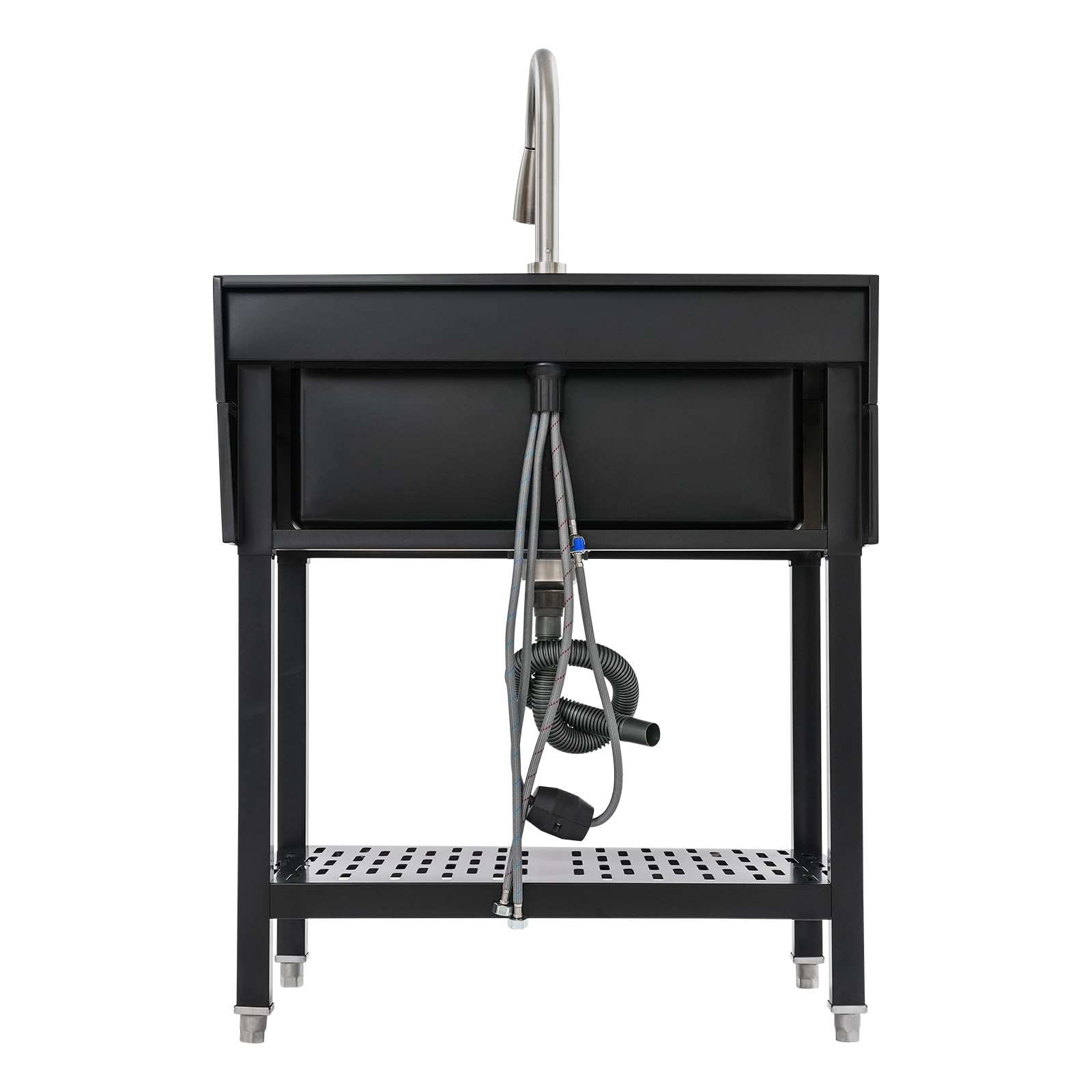 Évier de cuisine sur pied avec robinet extensible, évier en acier inoxydable, évier extérieur, lavabo de jardin, pieds réglables, jusqu'à 150 kg, 70 x 50 x 90 cm, noir