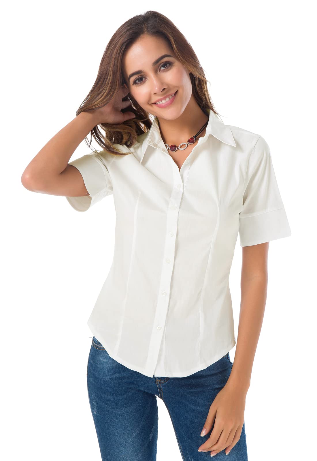 Atnlewhi Womens Basic Button Down Shirts Short Sleeve Cotton Simple Stretch Formal Casual Blouse