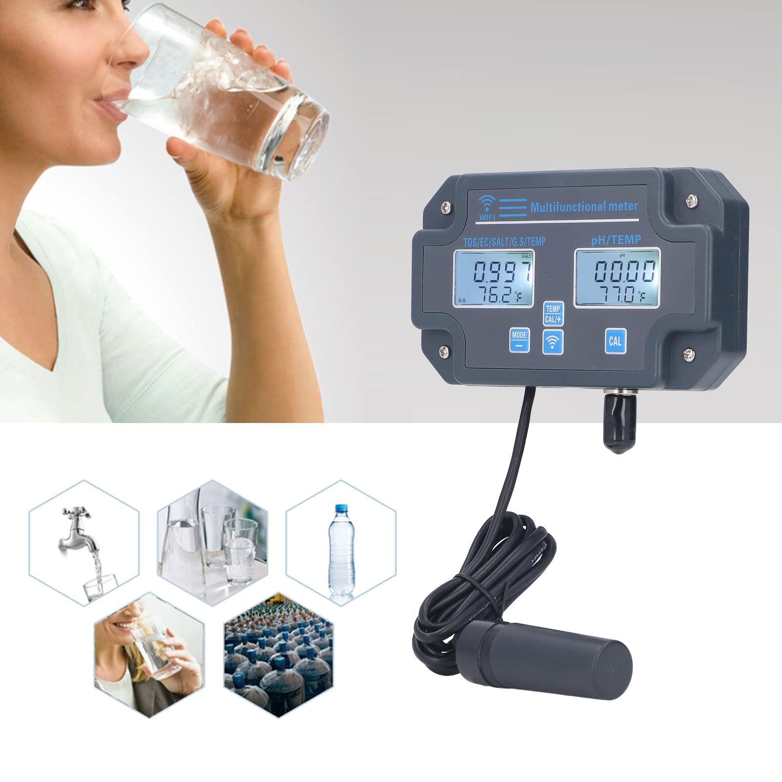 Alvinlite Misuratore di qualità dell'Acqua, Tester di qualità dell'Acqua multiparametro App Telecomando PH EC TDS Sale Misuratore di Temperatura G.S(EU 230V)