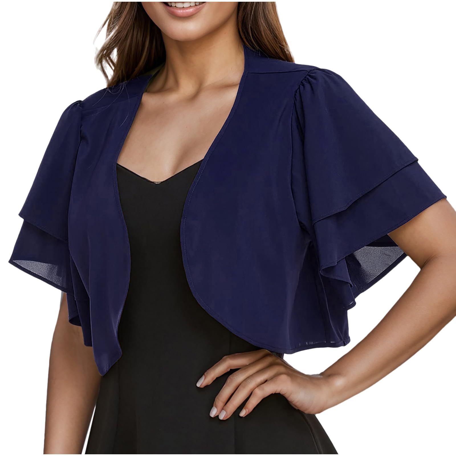 Dressy Ruffle Bolero for Women Short Sleeve Shrugs Lightweight Open Front Cropped Cardigan for Women Over Dress