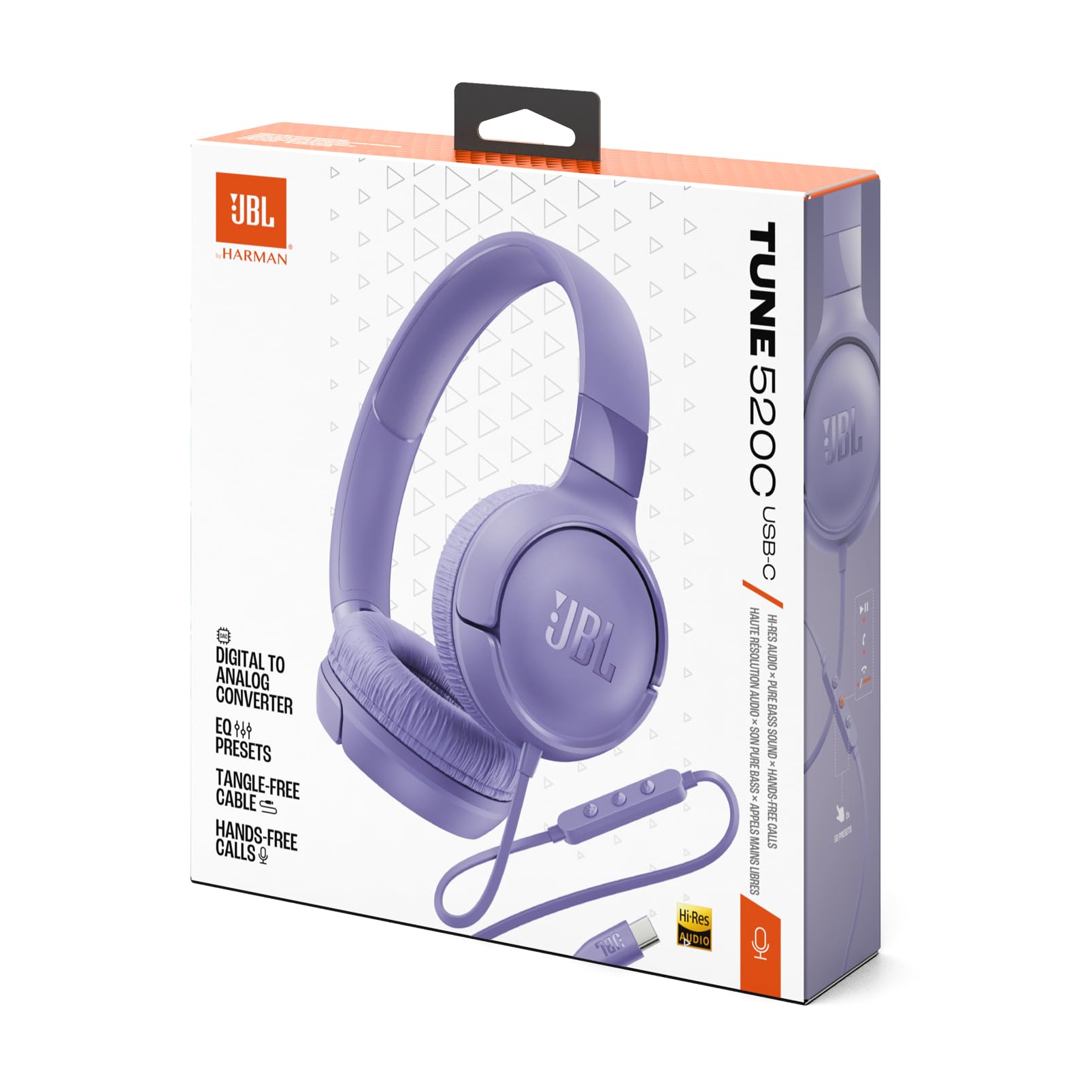 JBL Tune 520 C Cuffie con Filo On Ear, Microfono, Suono JBL Pure Bass, Preimpostazioni EQ, Connettività USB Tipo C, Design Pieghevole e Cavo Anti-Groviglio, Viola