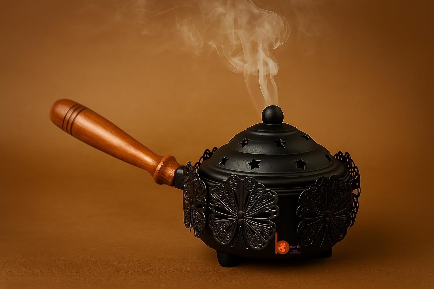 Handmade Metal Charcoal Incense Burner, Bakhoor Burner, Sambrani Dhoop, Loban Burner with Wooden Handle for Home Decor,Temples,Offices & Prayer Butler. Size:4 * 8 Inch(Black) (Style 5)