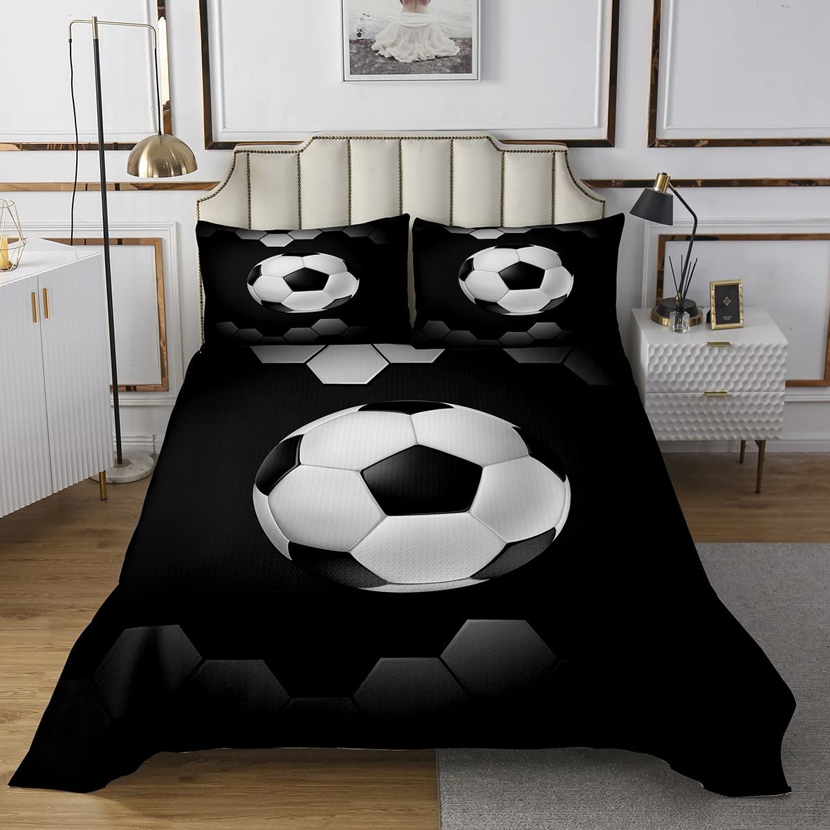Juego de colcha de fútbol para juegos deportivos, colección de ropa de cama de fútbol, juego de ropa de cama negra para niños, niñas, adultos, tamaño King